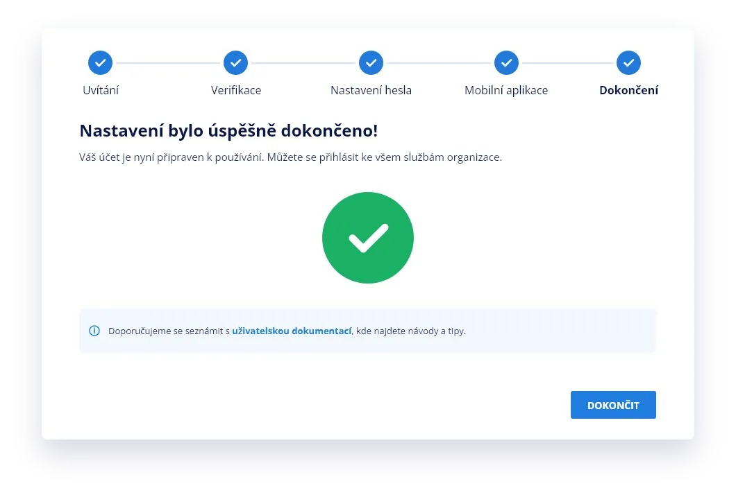 Potvrzení úspěšného nastavení účtu se zeleným zaškrtnutím a tlačítkem DOKONČIT