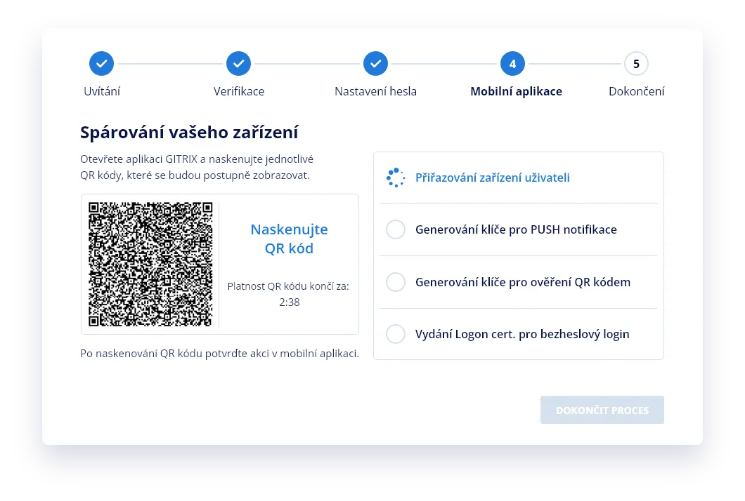 Spárování mobilní aplikace pomocí QR kódu s přehledem průběhu registrace