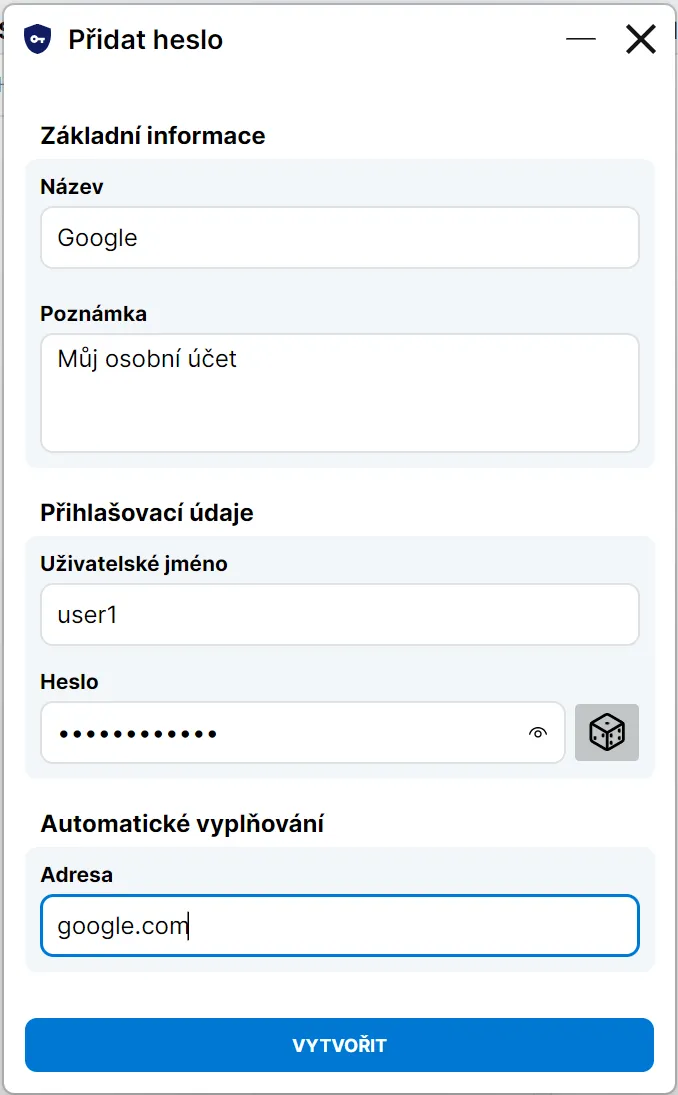 Formulář pro přidání nové heslové položky do GITRIX Vault