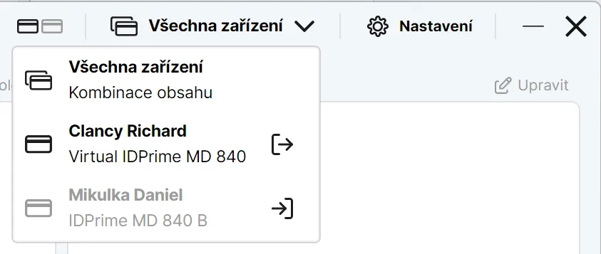 Odhlášení od vybraného zařízení při připojení více karet nebo tokenů