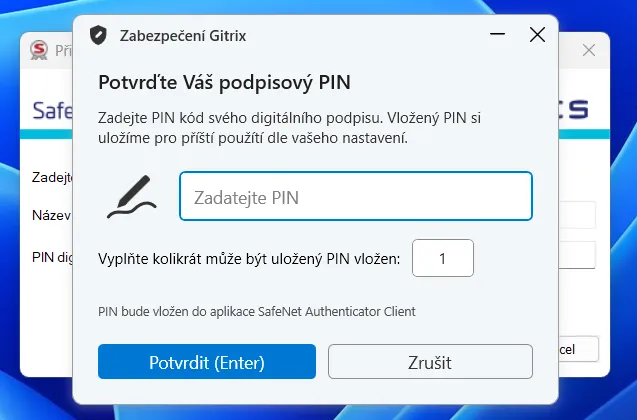 Dialog SafeNetu s oknem GITRIX