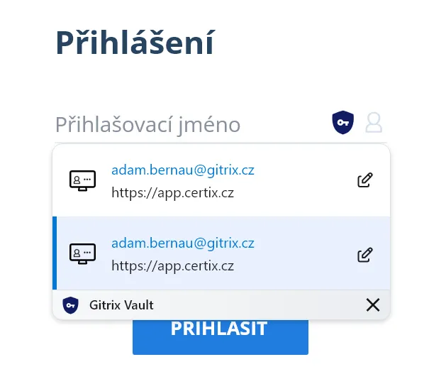 Nabídka uložených přihlašovacích údajů rozšířením GITRIX Vault ve webovém formuláři