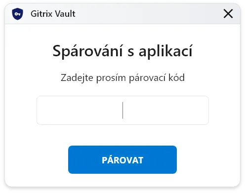 Zadání párovacího kódu do rozšíření GITRIX Vault