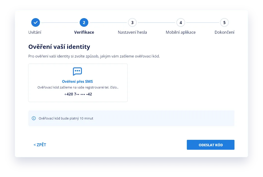 Ověření identity přes SMS se zobrazenou částí telefonního čísla a tlačítkem ODESLAT KÓD