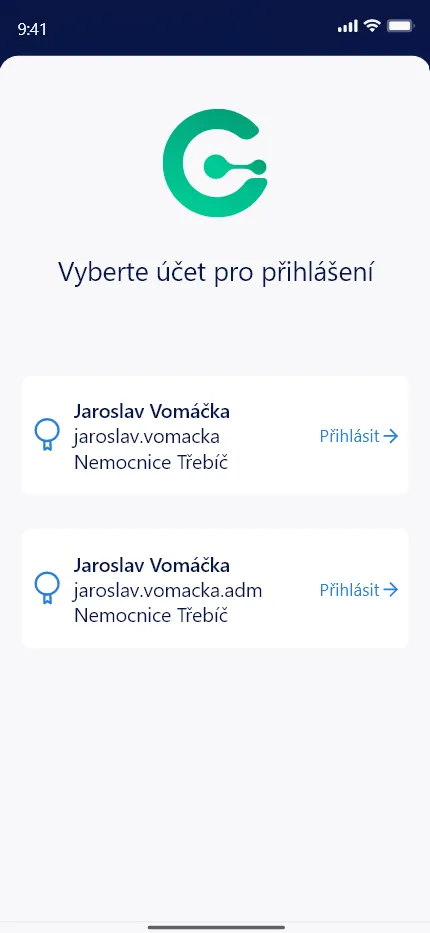 Výběr účtu pro přihlášení v mobilní aplikaci